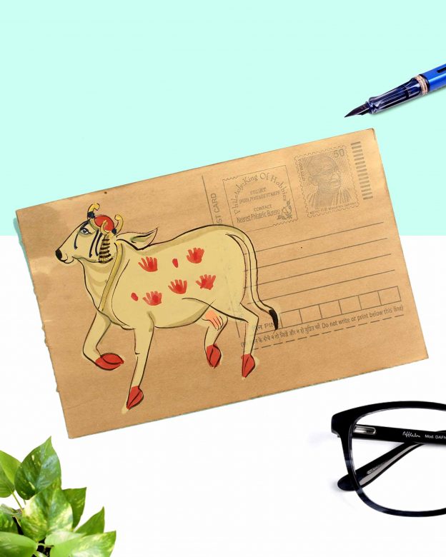 Handmade Cow Post Card Miniature Painting
