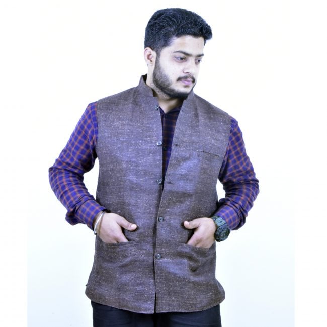 Silk Cotton Mixed Dark Brown Waistcoat - 38