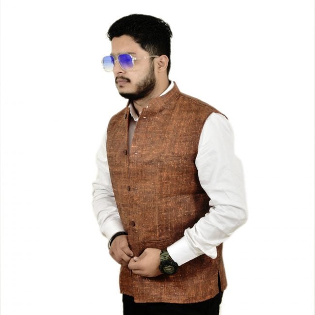 Silk Cotton Mixed Orange Colour Waistcoat - 38