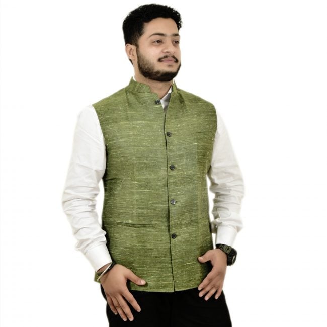 Silk Cotton Mixed Green Colour Waistcoat - 38