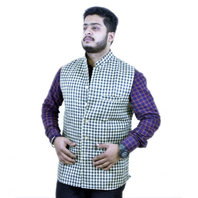 Silk Cotton Mixed Cream and Black Waistcoat - 40