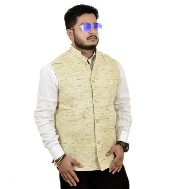Silk Cotton Mixed Natural Khadi Colour Waistcoat - 38