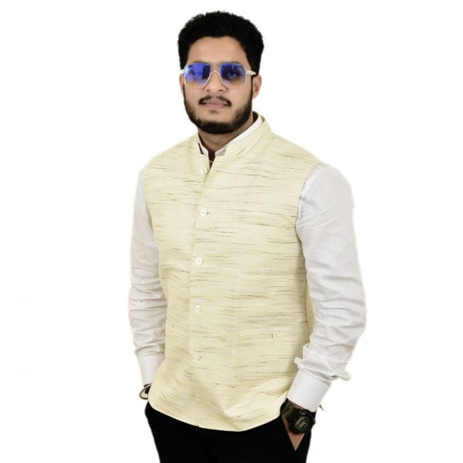 Silk Cotton Mixed Natural Cream Colour Waistcoat - 42