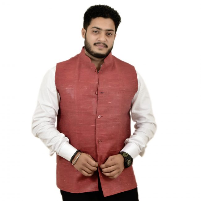 Silk Cotton Mixed Red Colour Waistcoat - 40