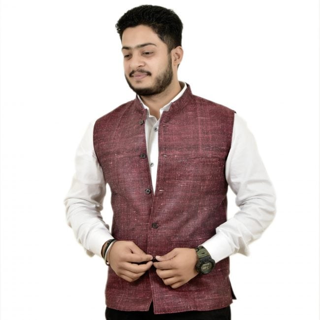Silk Cotton Mixed Maroon Colour Waistcoat - 38