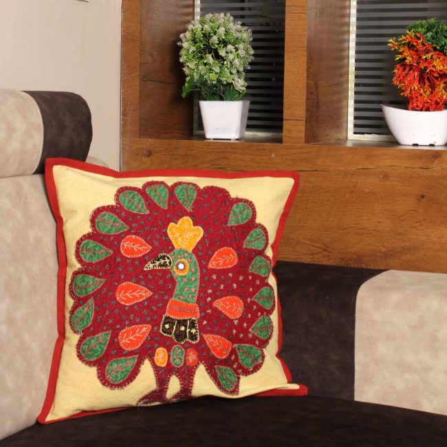 Handmade Peacock Patchwork Cushion Cover (16x16 Inches)