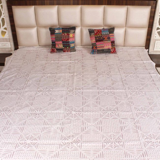 Handmade White Applique Bed Cover (108x90 Inches)