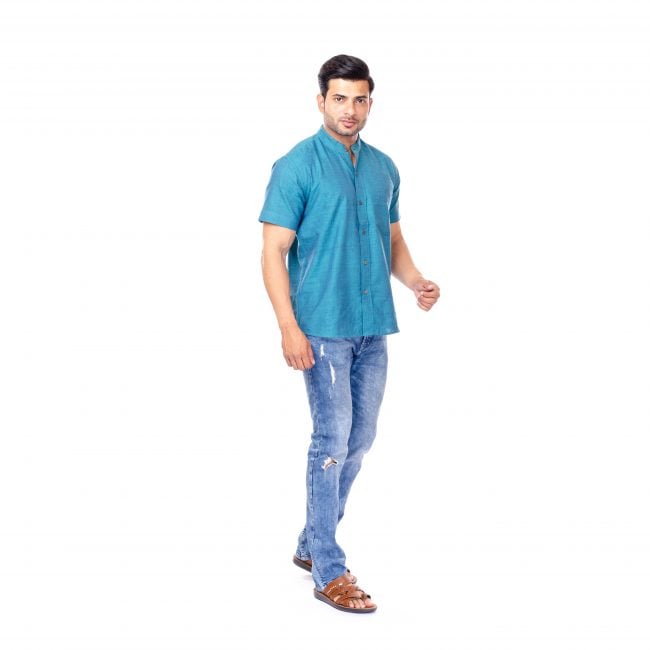 Handwoven Half Sleeve Blue Shirt - 42