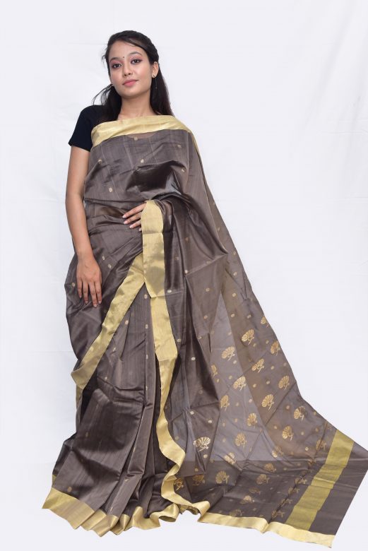 Handwoven Brown Silk Chanderi Pallu Saree