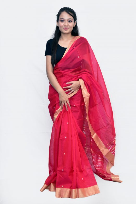 Handwoven Red Silk Jangla Chanderi Pallu Saree