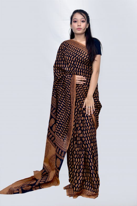 Handwoven Brown Cotton Bagh Print Saree