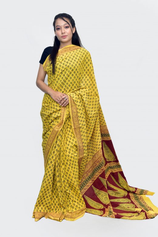 Handwoven Yellow Cotton Bagh Print Saree