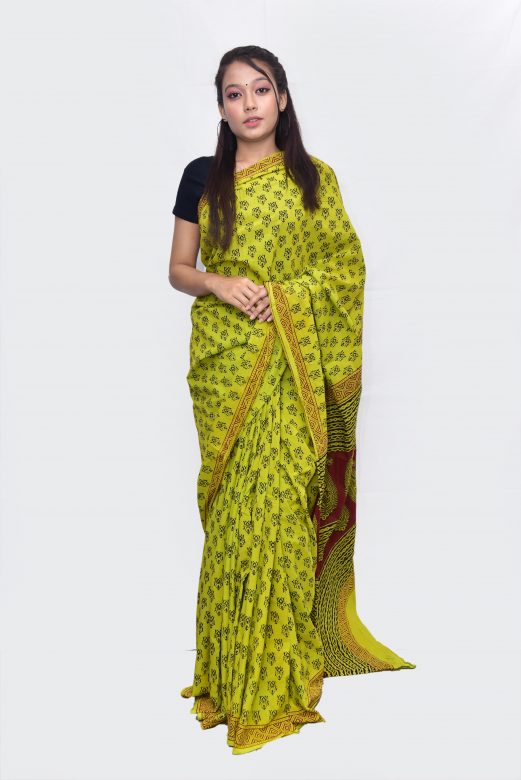 Handwoven Green Cotton Bagh Print Saree