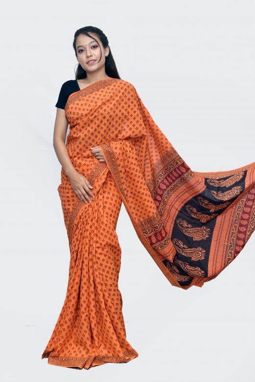 Handwoven Orange Cotton Bagh Print Saree