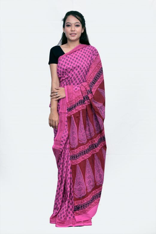 Handwoven Pink Cotton Bagh Print Saree