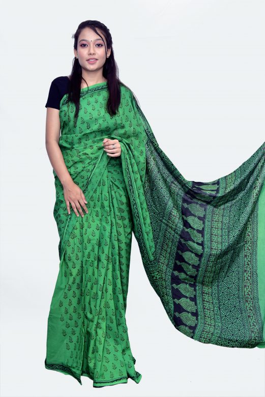 Handwoven Green Cotton Bagh Print Saree