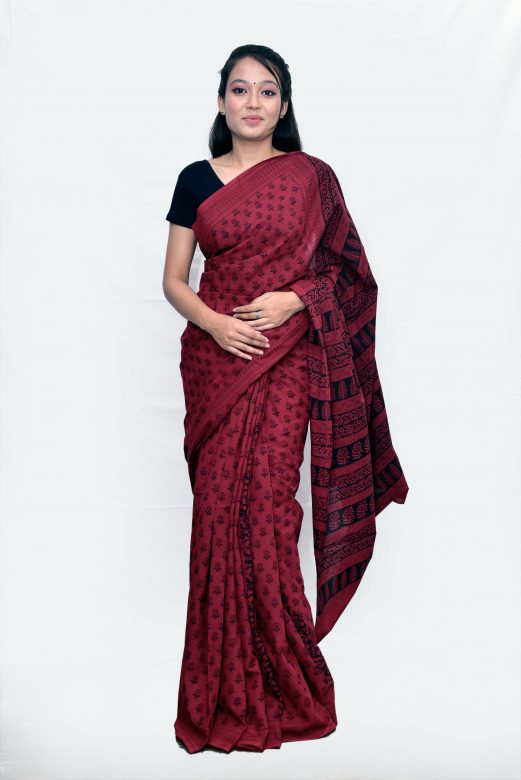 Handwoven Maroon Cotton Bagh Print Saree