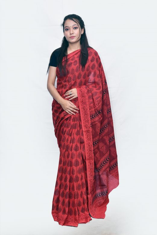 Tribes India Handwoven Red Cotton Bagh Print Saree