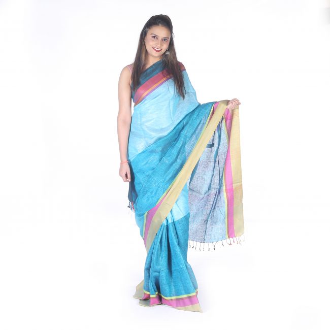 Handwoven Blue Bhandara Cotton Silk Saree