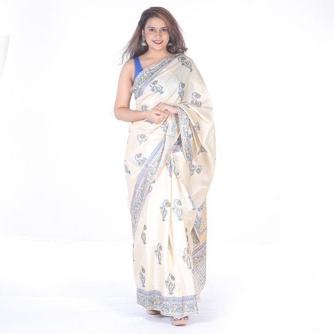 Handwoven Multicolor Tussar Silk Block Print Saree