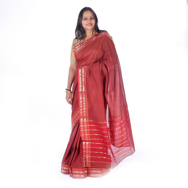 Handwoven Maroon Cotton Check Border Saree
