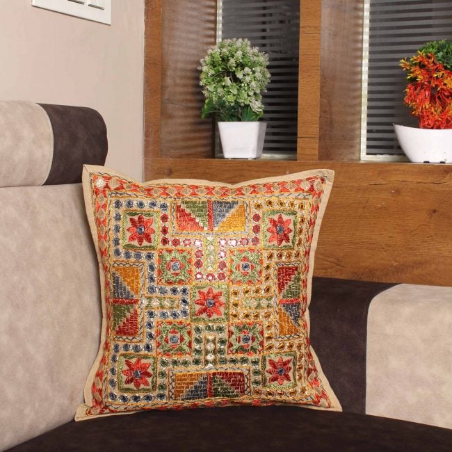 Handmade Embroidery Mirror Work Cushion Cover (12x12 Inch)