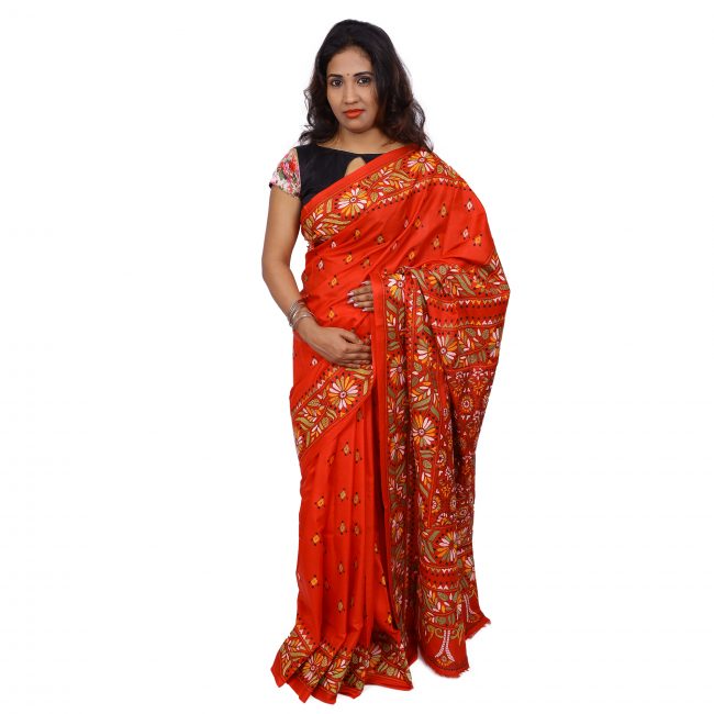 Handwoven Kantha Stitch Saree