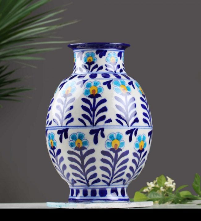 Blue Pottery Floral Matka Flower Vase (12 Inches)