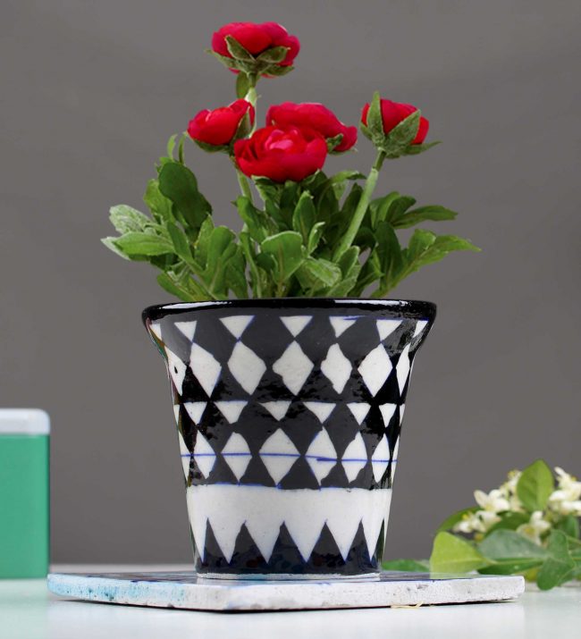 Black White Diamond Blue Pottery Flower Vase D-1 (4 Inches)