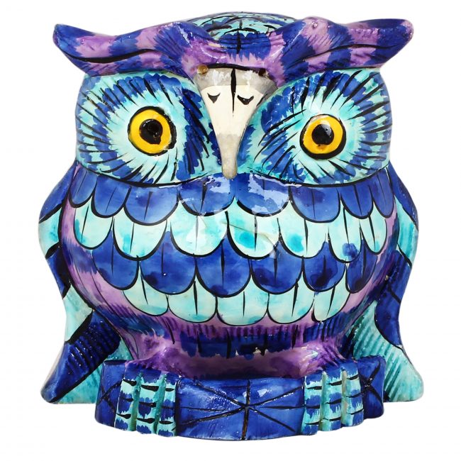 Handmade Blue Wooden Owl Flat Painting (8 cm)