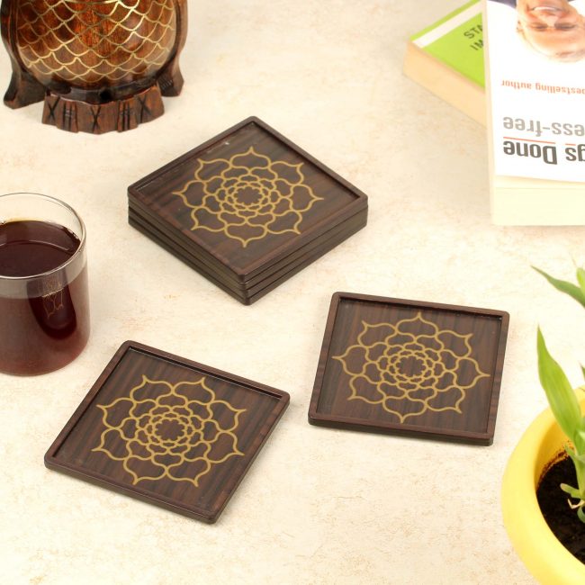 Handcrafted Brass Inlay Wooden Tarkashi Tea Coaster
