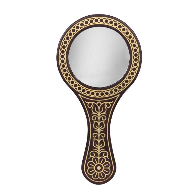 Handcrafted Brass Inlay Wooden Tarkashi Hand Mirror