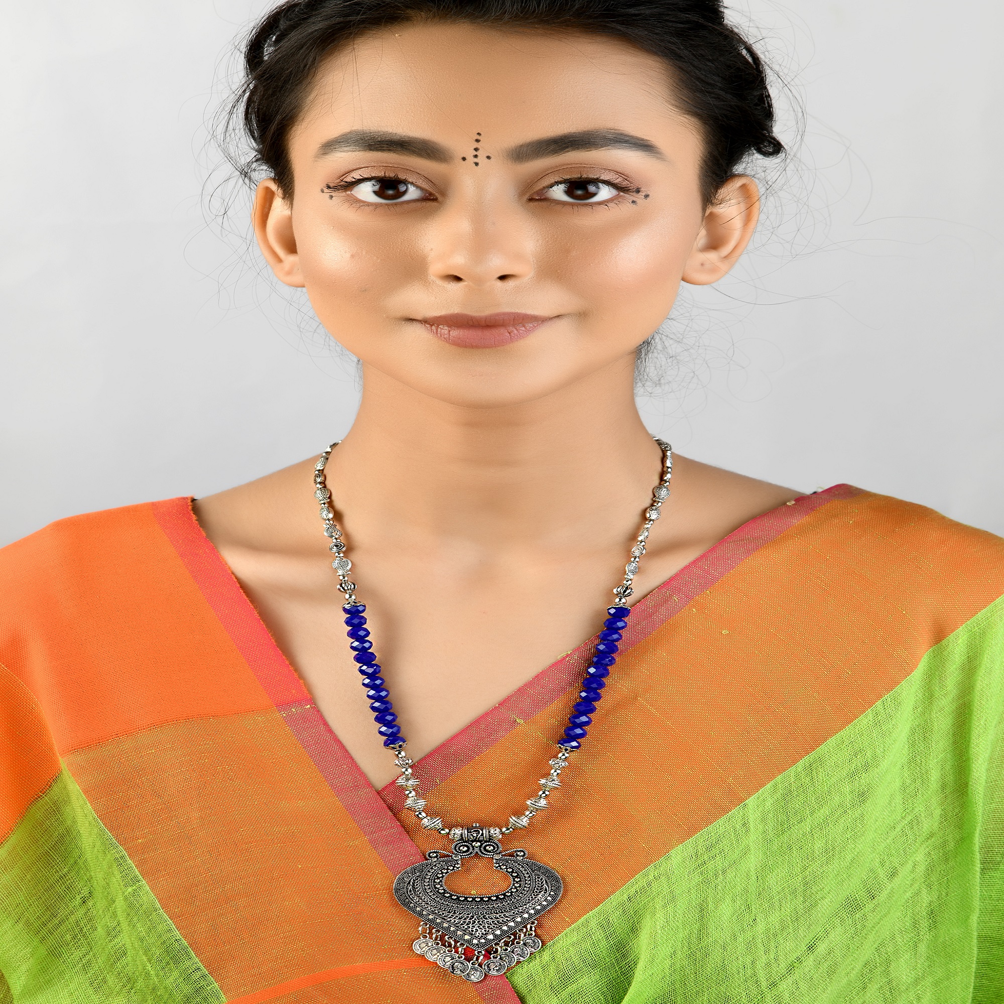 Handcrafted Blue & Grey Metal & Beads Necklace