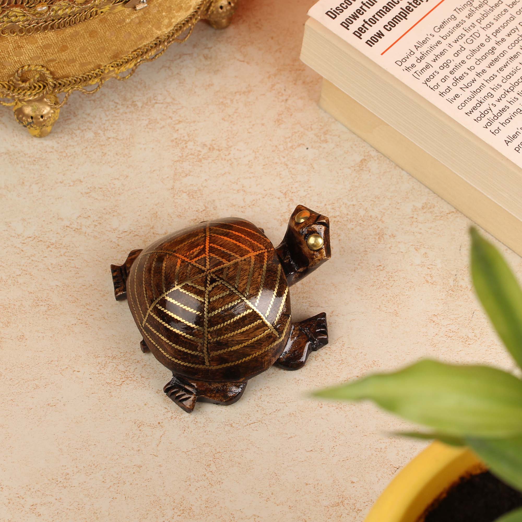 Handcrafted Brass Inlay Wooden Tarkashi Tortoise (7.5 cm)