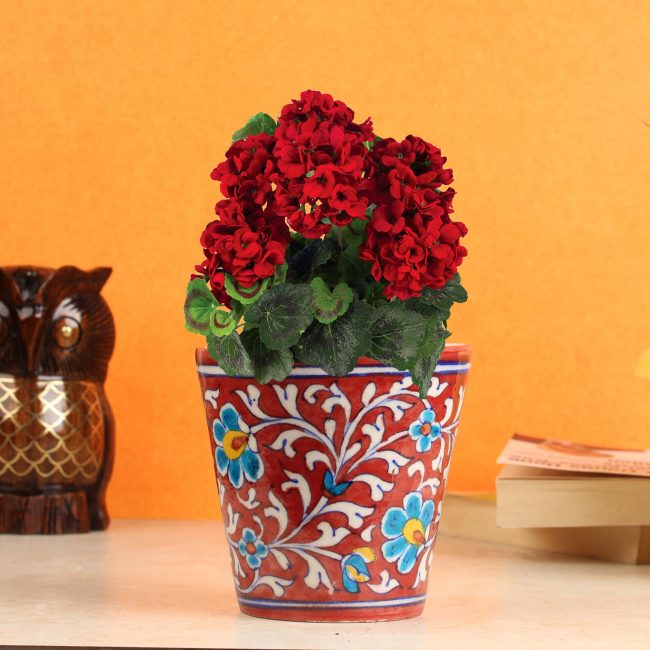 Handcrafted Red Floral Blue Pottery Flower Vase