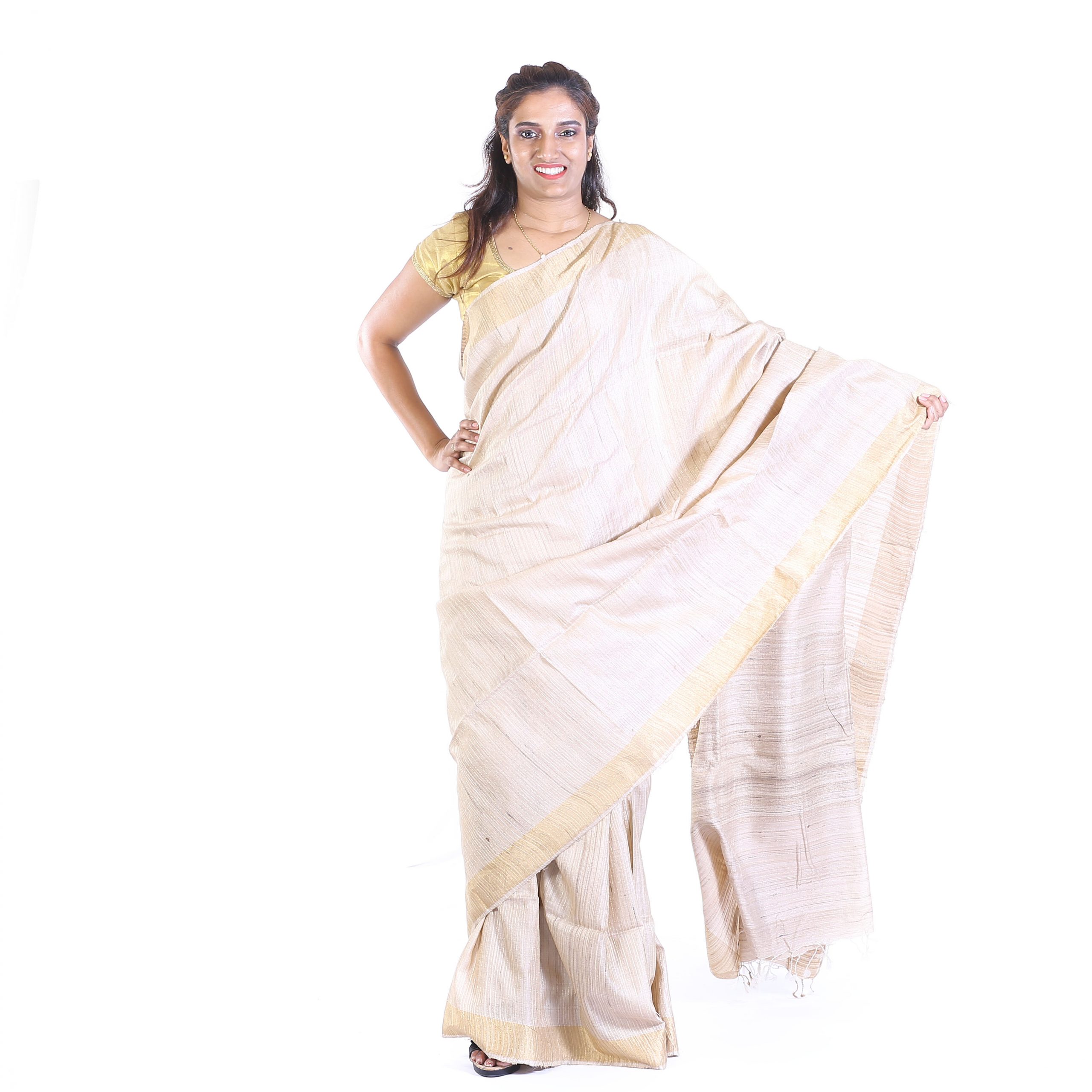 Handmade Tassar White Plain Saree