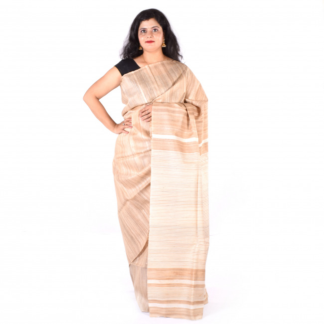 Handmade Tassar White Plain Saree