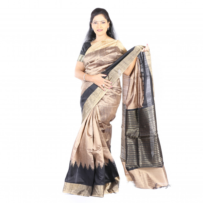 Handmade Tassar Golden Plain Saree