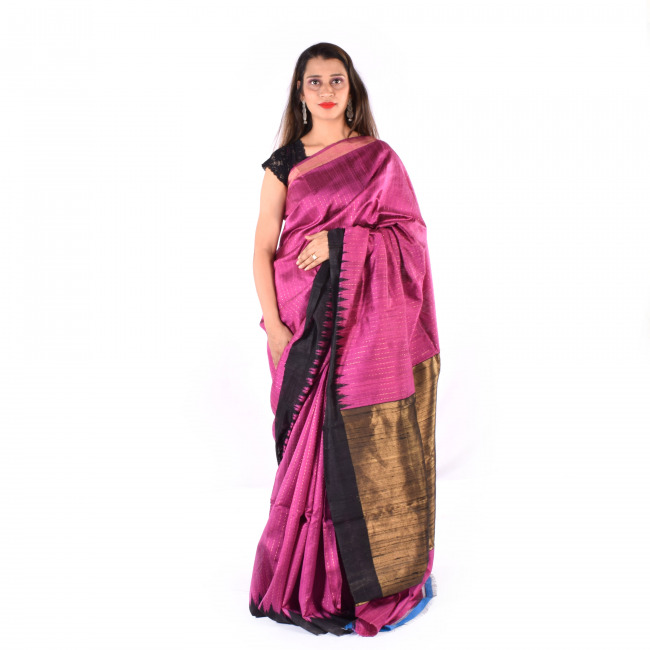 Handmade Tassar Pink Stripes Saree