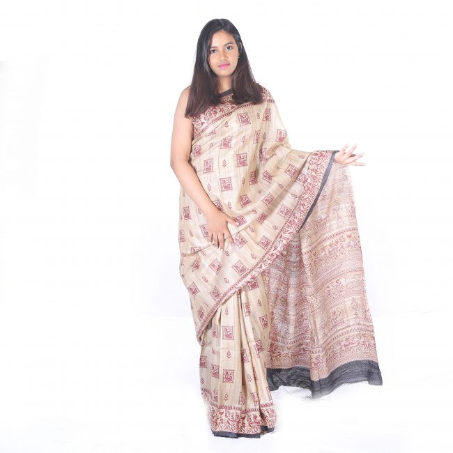 Handwoven White Printed Tussar Ghicha Saree
