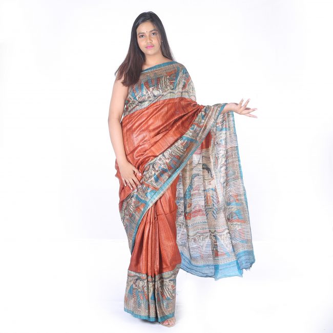 Handwoven Multicolor Block Print Tussar Saree