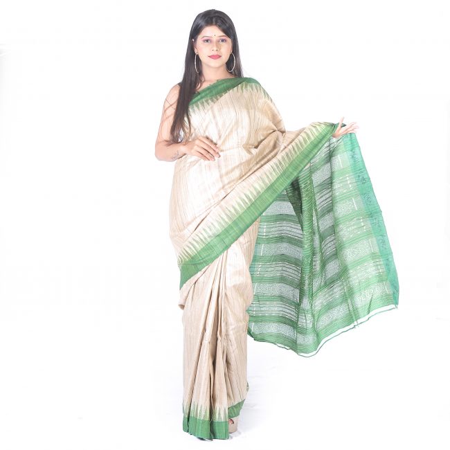 Handwoven White Plain Tussar Saree