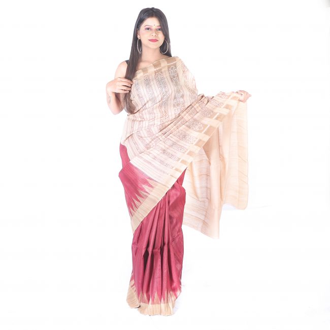 Handwoven Red Plain Tussar Ghicha Saree