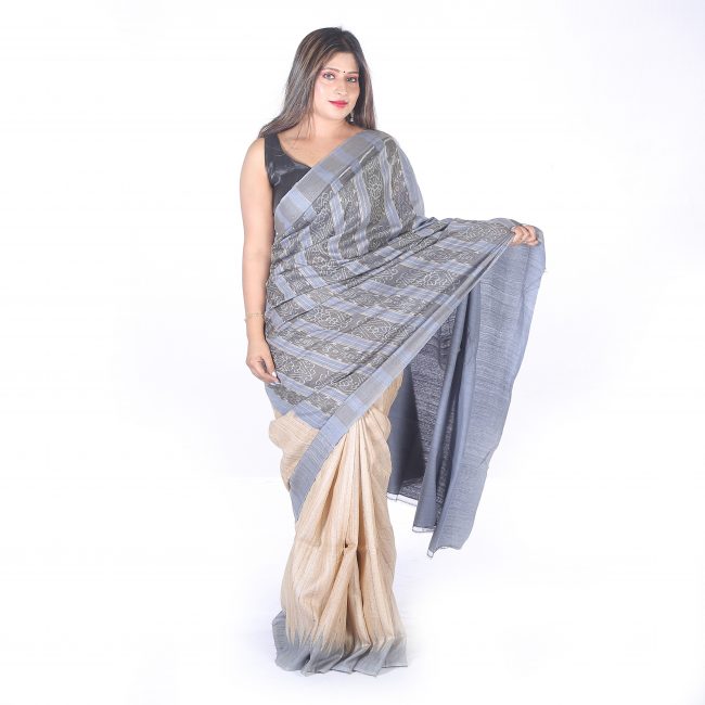 Handwoven White Plain Tussar Ghichaa Saree