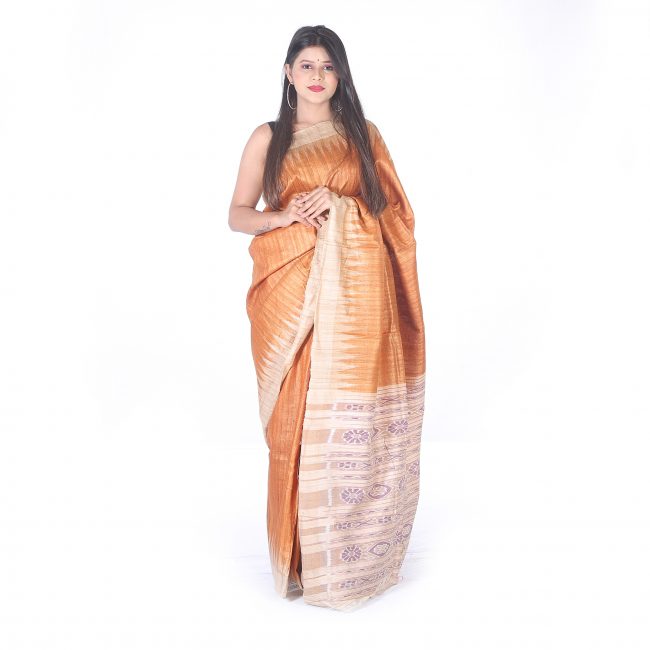 Handwoven Orange Plain Tussar Ghicha Saree