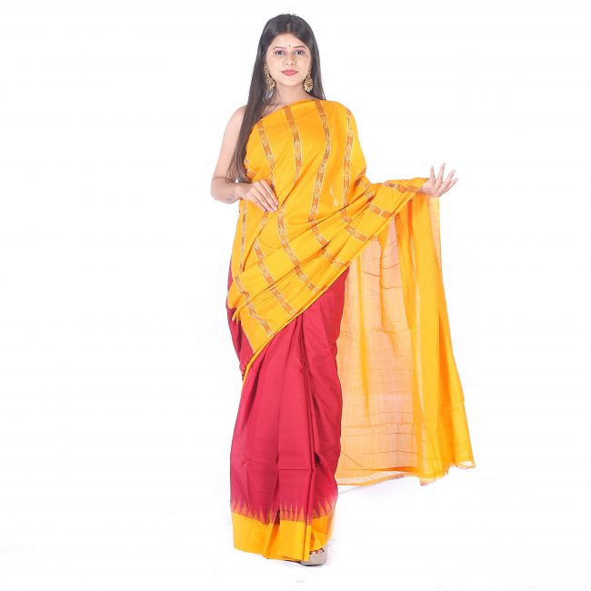 Handwoven Red Plain Cotton Silk Saree