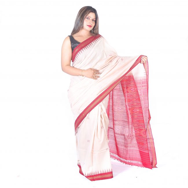 Handwoven White Printed Cotton Saree