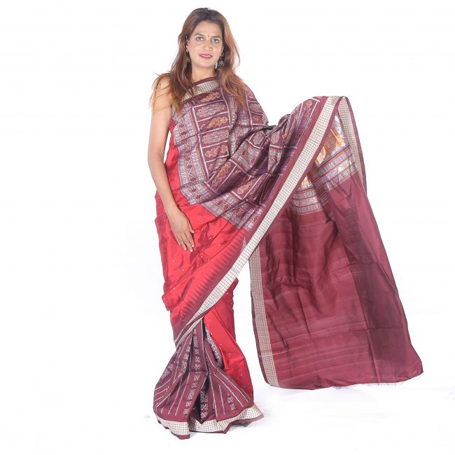 Handwoven Maroon Printed Silk Saree
