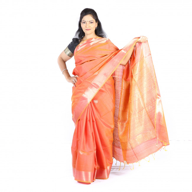 Handmade Tassar Orange Plain Saree