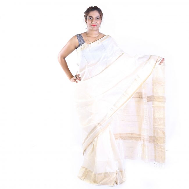 Handmade Tassar White Plain Saree
